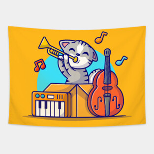 Cute Cat Playing Jazz Music in Box with Saxophone, Piano and Contrabass Cartoon Vector Icon Illustration Tapestry