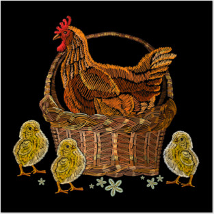 hen chicken basket embroider Posters and Art