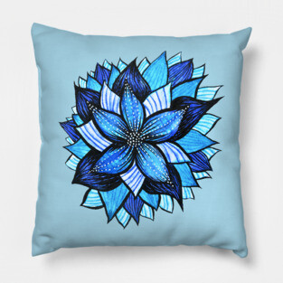 Beautiful Abstract Blue Flower Ink Drawing Pillow
