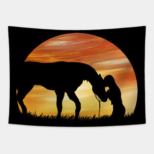 Horse Love Sundown Shadow Girl with Horse Tapestry