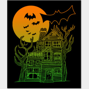 Haunted House Neon Gradient Posters and Art