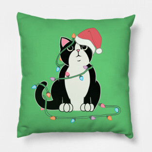 Tuxedo Cat Christmas lights funny cat lover xmas hat Pillow