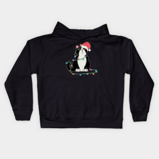 Tuxedo Cat Christmas lights funny cat lover xmas hat Kids Hoodie