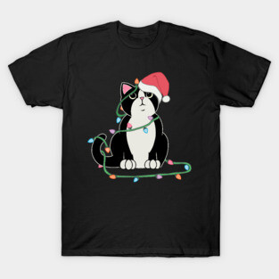 Tuxedo Cat Christmas lights funny cat lover xmas hat T-Shirt