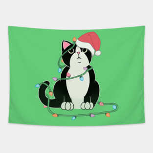 Tuxedo Cat Christmas lights funny cat lover xmas hat Tapestry