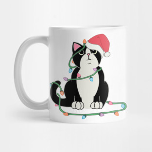 Tuxedo Cat Christmas lights funny cat lover xmas hat Mug