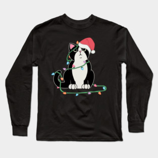 Tuxedo Cat Christmas lights funny cat lover xmas hat Long Sleeve T-Shirt