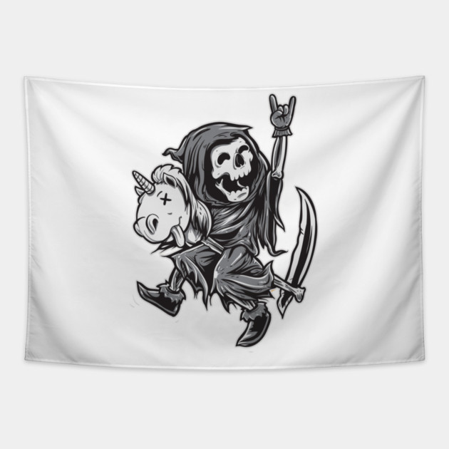 Reaper on a Toy Unicorn Funny Halloween T Shirts & Gifts Tapestry by creative