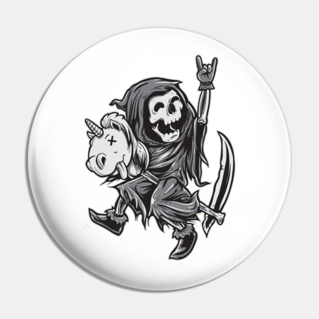 Reaper on a Toy Unicorn Funny Halloween T Shirts & Gifts Pin by creative