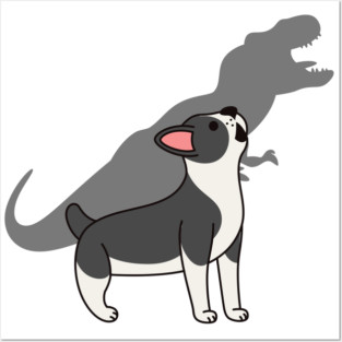 Boston Terrier Howling T-Rex Dinosaur Posters and Art