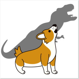 Corgi Howling T-Rex Dinosaur Posters and Art