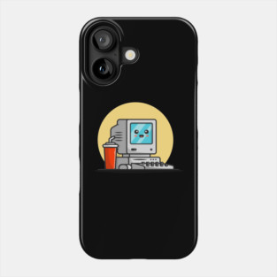 Cute Old Computer Desktop with Coffee Cartoon Vector Icon Illustration Phone Case