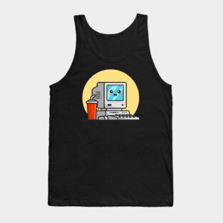 Cute Old Computer Desktop with Coffee Cartoon Vector Icon Illustration Tank Top
