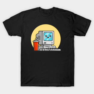 Cute Old Computer Desktop with Coffee Cartoon Vector Icon Illustration T-Shirt