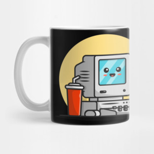 Cute Old Computer Desktop with Coffee Cartoon Vector Icon Illustration Mug
