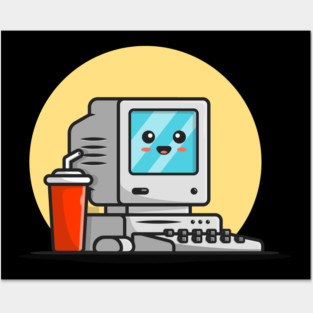 Cute Old Computer Desktop with Coffee Cartoon Vector Icon Illustration Posters and Art