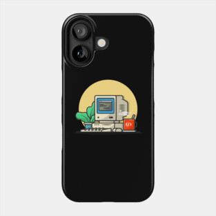 Old Computer Desktop with Coffee and Plant Cartoon Vector Icon Illustration Phone Case