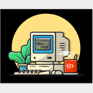 Old Computer Desktop with Coffee and Plant Cartoon Vector Icon Illustration Posters and Art