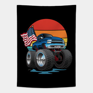 Patriotic Big Monster Truck Off-road 4wd Cartoon Tapestry