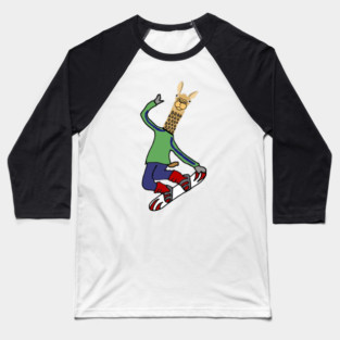 Funny Llama Snowboarding Cartoon Baseball T-Shirt