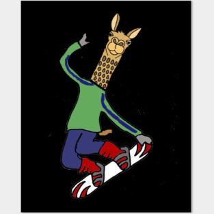 Funny Llama Snowboarding Cartoon Posters and Art