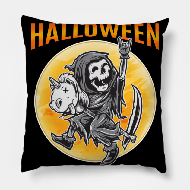 Death Reaper on a Toy Unicorn Funny Halloween Pillow by creative