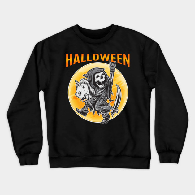 Death Reaper on a Toy Unicorn Funny Halloween Crewneck Sweatshirt by creative