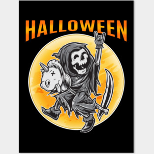 Death Reaper on a Toy Unicorn Funny Halloween Posters and Art