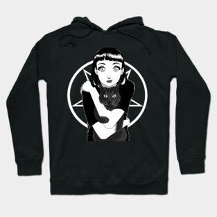 Goth GIrl Black Cat Pentagram Hoodie