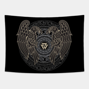 Ravens of Odin Norse Pagan Viking Raven Huginn and Muninn Valknut Tapestry