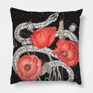 Demeter Symbols. Snake, Red Poppies and Cereals Pillow