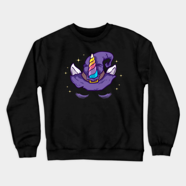Unicorn Face with Long Lashes Witch Hat Characters Crewneck Sweatshirt by creative