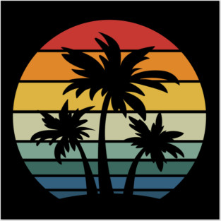 Retro 80s and 90s Beach Style Palm Trees with Sunset Posters and Art