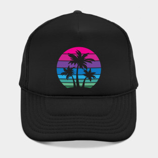 Retro 80s and 90s Tropical Beach Style Palm Tree Sunset Design Hat