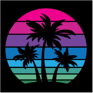 Retro 80s and 90s Tropical Beach Style Palm Tree Sunset Design Posters and Art