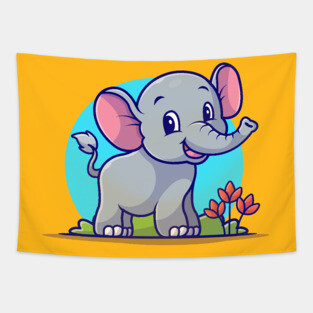 Cute Elephant Smiling Cartoon Vector Icon Illustration Tapestry