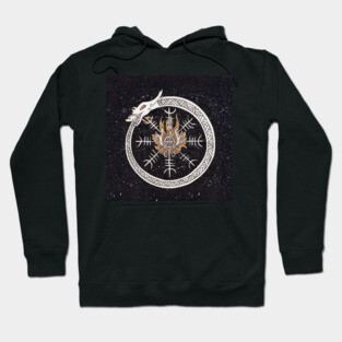 Loki Fire Aspect in the Circle of Jormungandr and the Helm of Awe. Victory and Sacrifice Symbols Hoodie