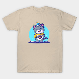 Cute Cat Holding Coffee In Snow Cartoon Vector Icon Illustration T-Shirt