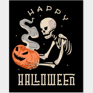 Happy Halloween Skeleton With Jack O' Lantern Posters and Art