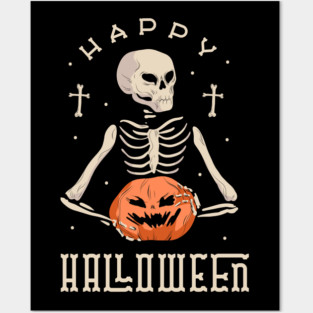 Happy Halloween Skeleton With Jack O' Lantern Posters and Art