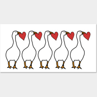Silly Goose Holding Stolen Red Love Heart Valentines Day Five Birds Posters and Art