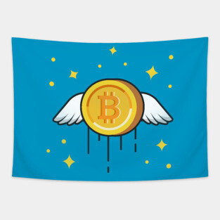 Flying Gold Bitcoin Cartoon Vector Icon Illustration Tapestry