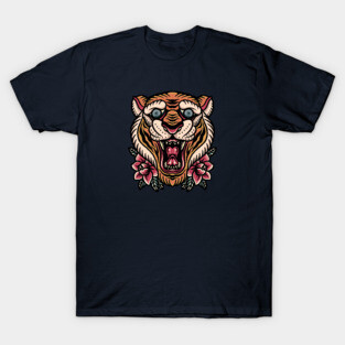 Retro Tiger Head Illustration with Roses T-Shirt