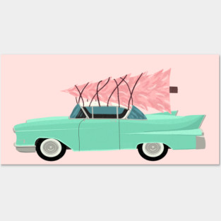 Aqua car with pink Classic Christmas tree Posters and Art