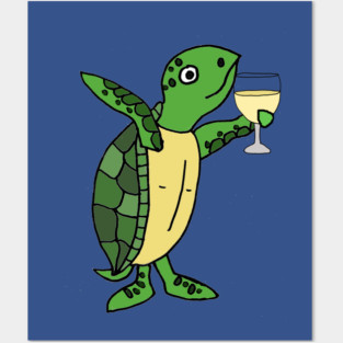 Funny Sea Turtle Drinking Wine Cartoon Posters and Art