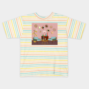 Mid century brick wall with clock collection Kids T-Shirt