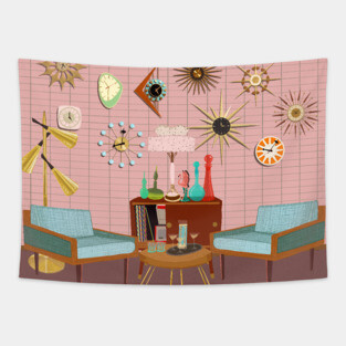 Mid century brick wall with clock collection Tapestry