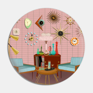 Mid century brick wall with clock collection Pin