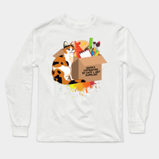 Easily Distracted by Cats and Art Supplies Long Sleeve T-Shirt