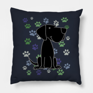 Funny Black Labrador Retriever Dog and Paw Prints Pattern Pillow